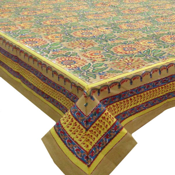 Tablecloth 12 seater in Cotton Hand Block Printed Cotton Tablecloth 180x340 Surajmukhi Canary Gud 102383