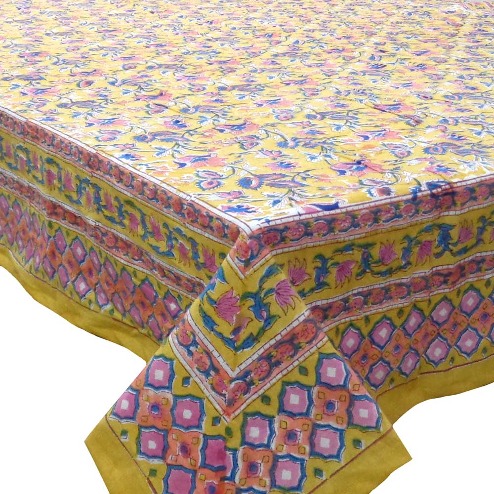 Hand Block Printed Cotton Tablecloth 150x220 cm  Flower Canary Yellow 100581