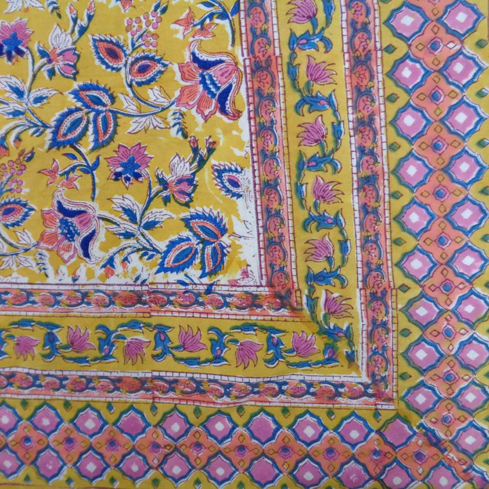 Hand Block Printed Cotton Tablecloth 150x220 cm  Flower Canary Yellow 100581