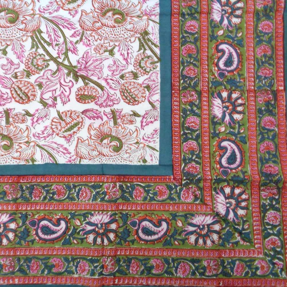 Hand Block Printed Cotton Tablecloth 150x220 Amarnath Green Open 109002