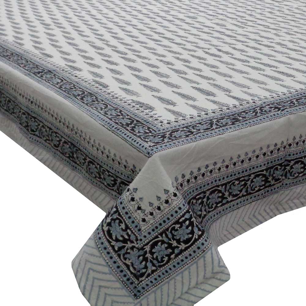 Hand Block Printed Cotton Tablecloth 150x220 Winter Fall Tree Grey 107195