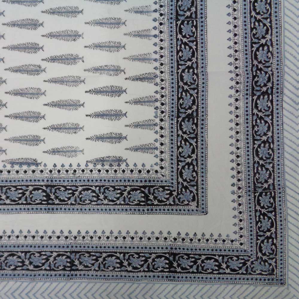 Hand Block Printed Cotton Tablecloth 150x220 Winter Fall Tree Grey 107195