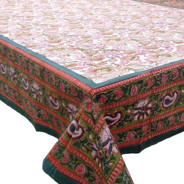 Hand Block Printed Cotton Tablecloth 150x220 Amarnath Green Open 109002