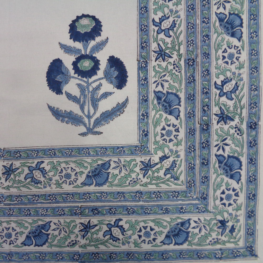 Hand Block Printed Cotton Tablecloth 150x220 cms Boota Blue 204108