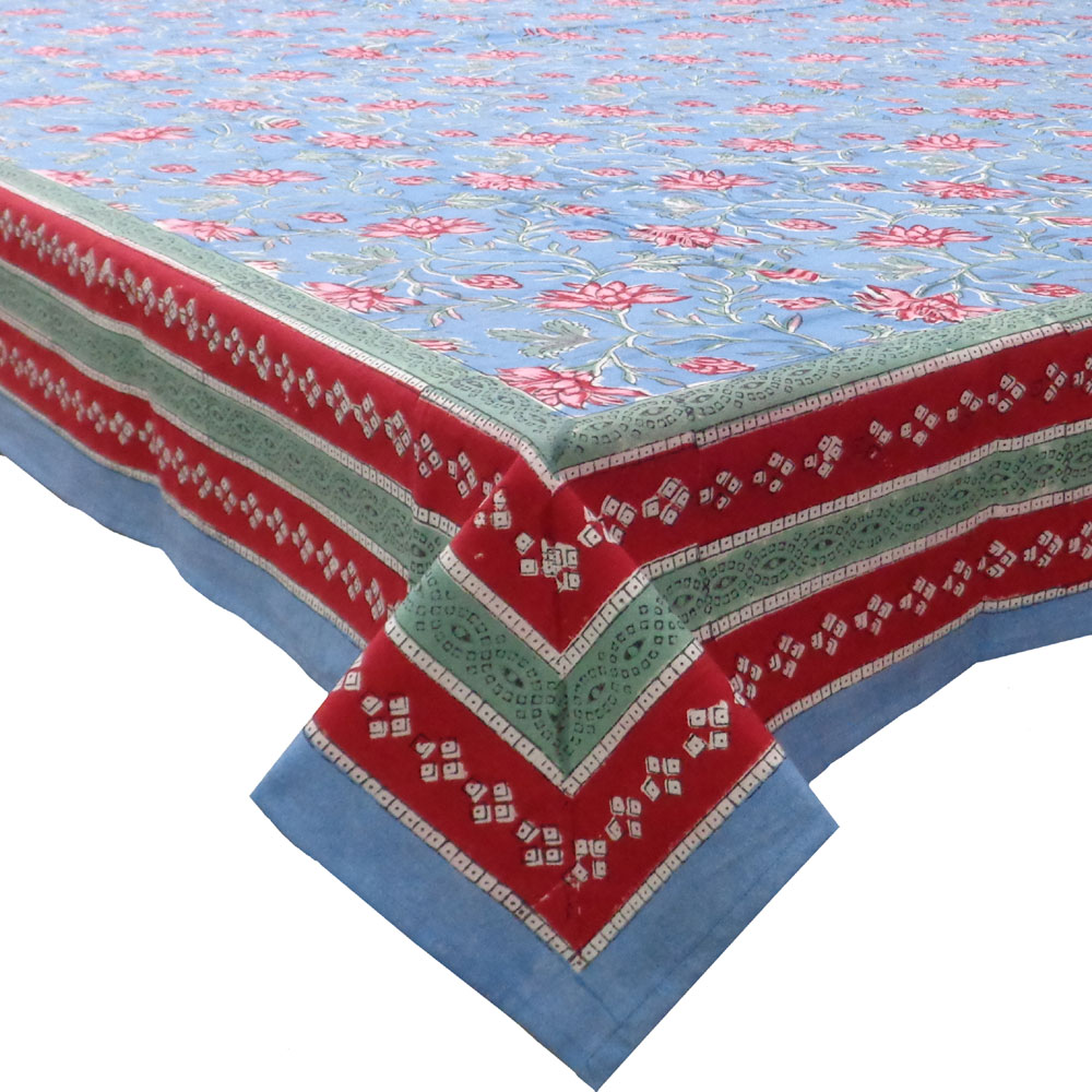 Hand Block Printed Cotton Tablecloth 150x220 cm Cornflower Blue Gud 104845