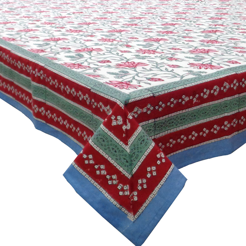 Hand Block Printed Cotton Tablecloth 150x220 cm Cornflower Blue Open 103686