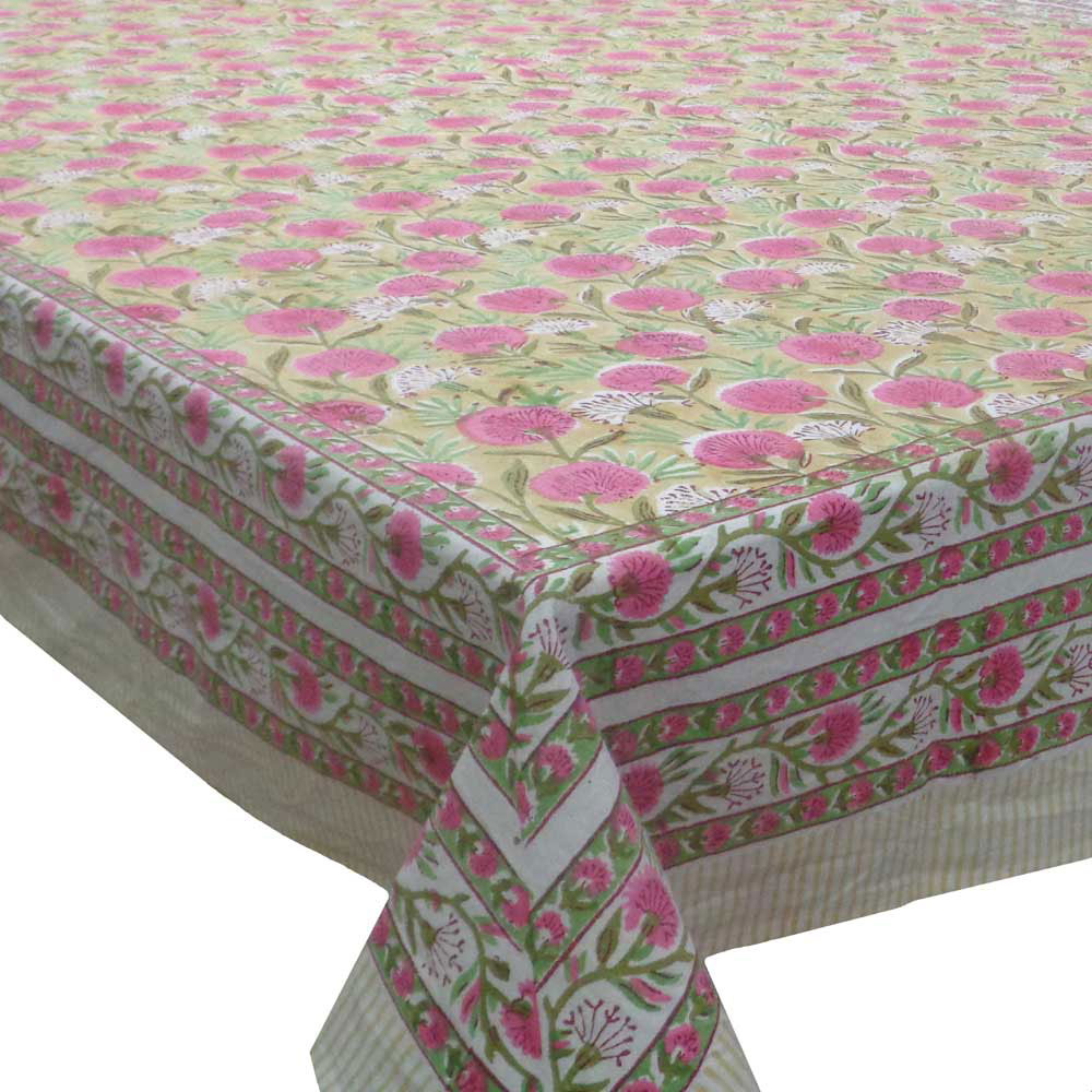 Hand Block Printed Cotton Tablecloth 180x270 cms Desert Blossom Pink Gud 109653