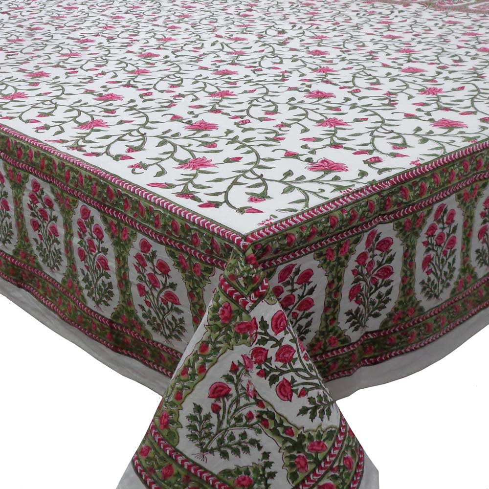 Hand Block Printed Cotton Tablecloth 180x270 cm Floral Bale Pink 103562