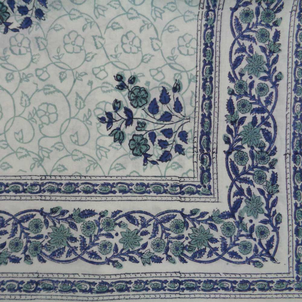 Hand Block Printed Cotton Tablecloth 150x220  Floral Kali Blue Boota 309470
