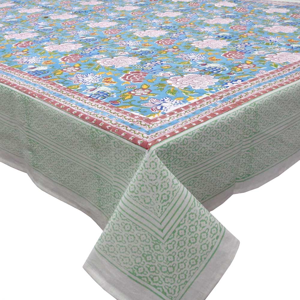 Hand Block Printed Cotton Tablecloth 180x270 cms Floral Canvas Blue Jade Gud 206865