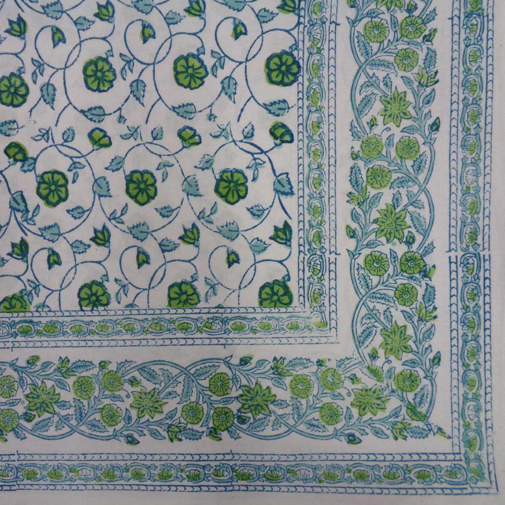 Tablecloth 12 seater in Cotton Hand Block Printed Cotton Tablecloth 180x340 cms Floral Kali Green 200867