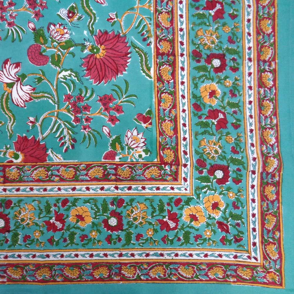 Hand Block Printed Cotton Tablecloth 150x220 cm Flower Blossom Jade Gud 104415