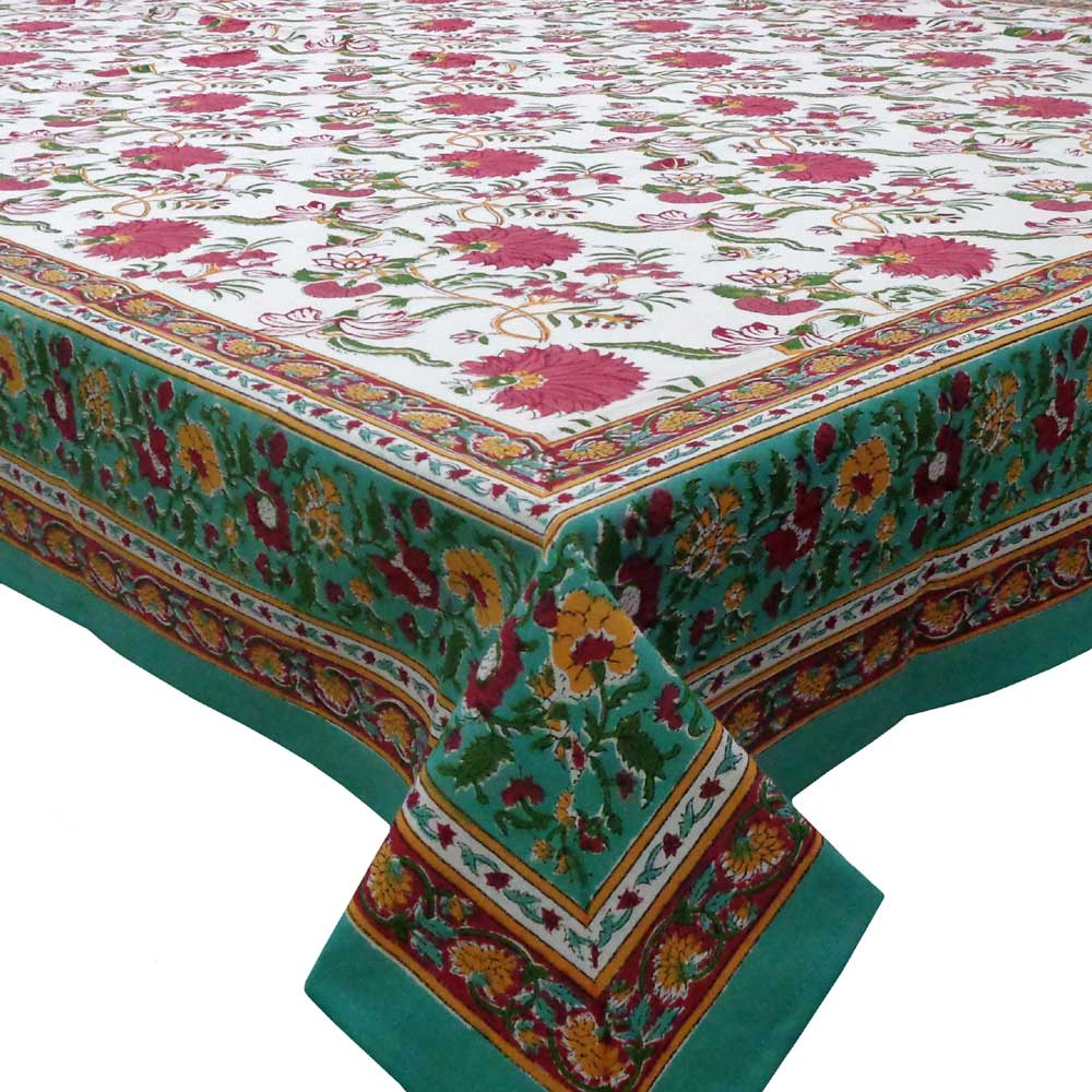 Hand Block Printed Cotton Tablecloth 150x220  Flower Blossom Jade Open 109122