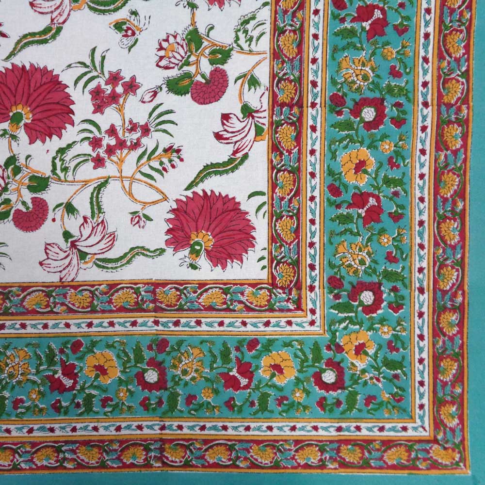 Hand Block Printed Cotton Tablecloth 150x220 Flower Blossom Jade Open 109122
