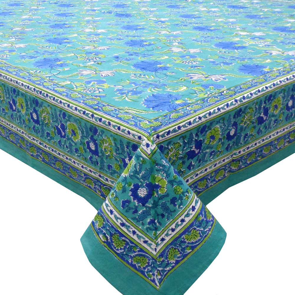 Hand Block Printed Cotton Tablecloth 150x220 cms  Flower Blossom Sea Green Gud 106040