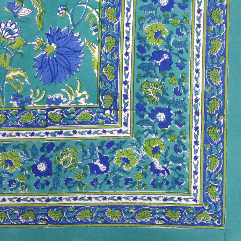 Hand Block Printed Cotton Tablecloth 150x220 cms  Flower Blossom Sea Green Gud 106040