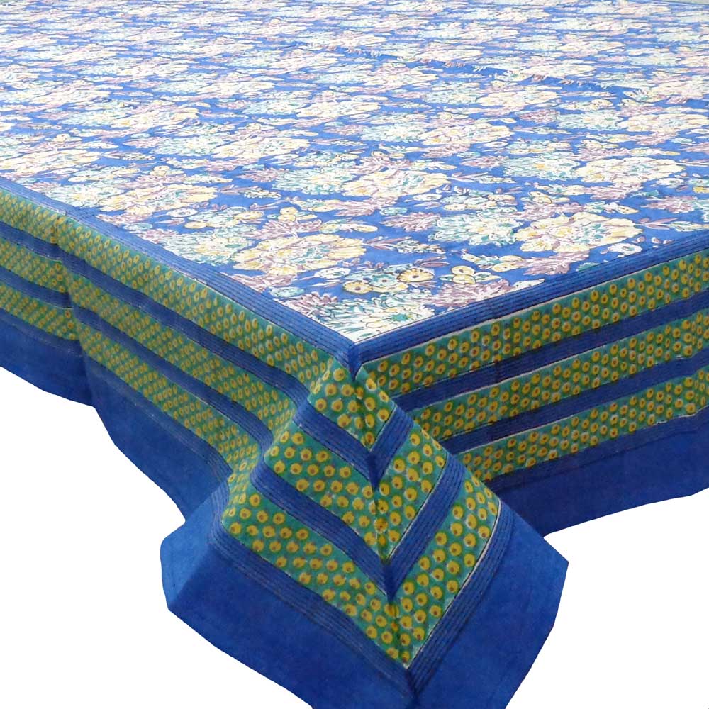 Hand Block Printed Cotton Tablecloth 150x220 cms Gerbera Sky Gud 100962