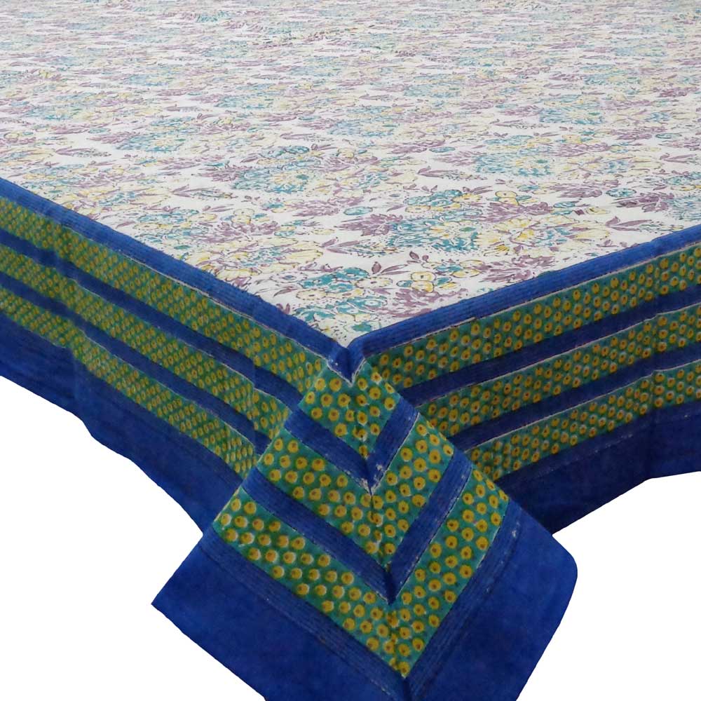 Hand Block Printed Cotton Tablecloth 150x220 cms Gerbera Sky Open 100960