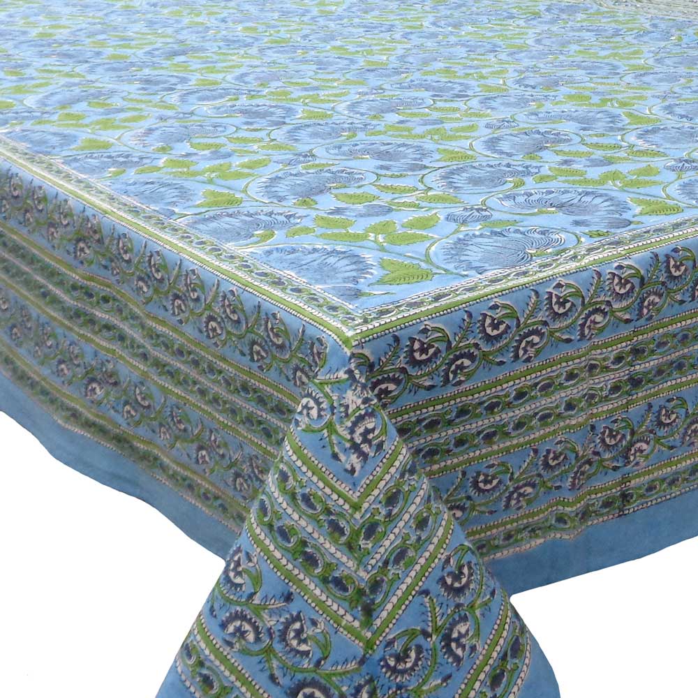 Wood Block Printed Handmade Tablecloth 150x220 cms Kamal Aqua Gud 105995