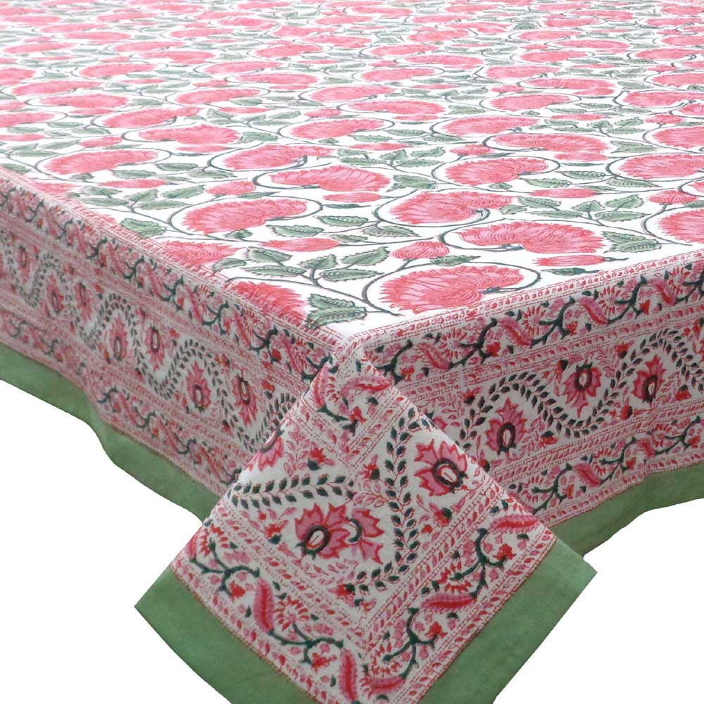 Hand Block Printed Cotton Tablecloth 150x220 cm Kamal Gulabi Open 103739