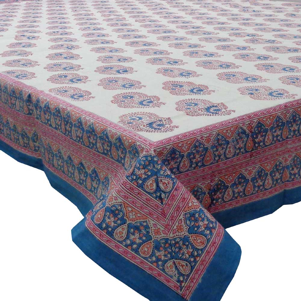 Tablecloth 12 seater in Cotton Hand Block Printed Cotton Tablecloth 180x340 cms Kusum Gulabi Boota 205379
