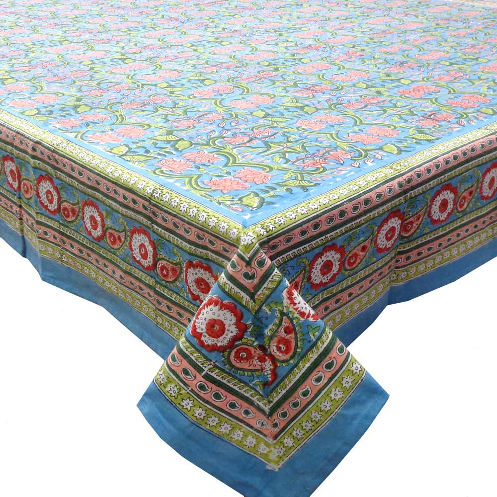 Hand Block Printed Cotton Tablecloth 150x220 cms Lotus Green Gud 204895