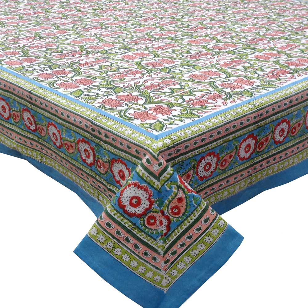 Square Tablecloth in Cotton Hand Block Printed Cotton Tablecloth 150x150 cms Lotus Green Open 106868