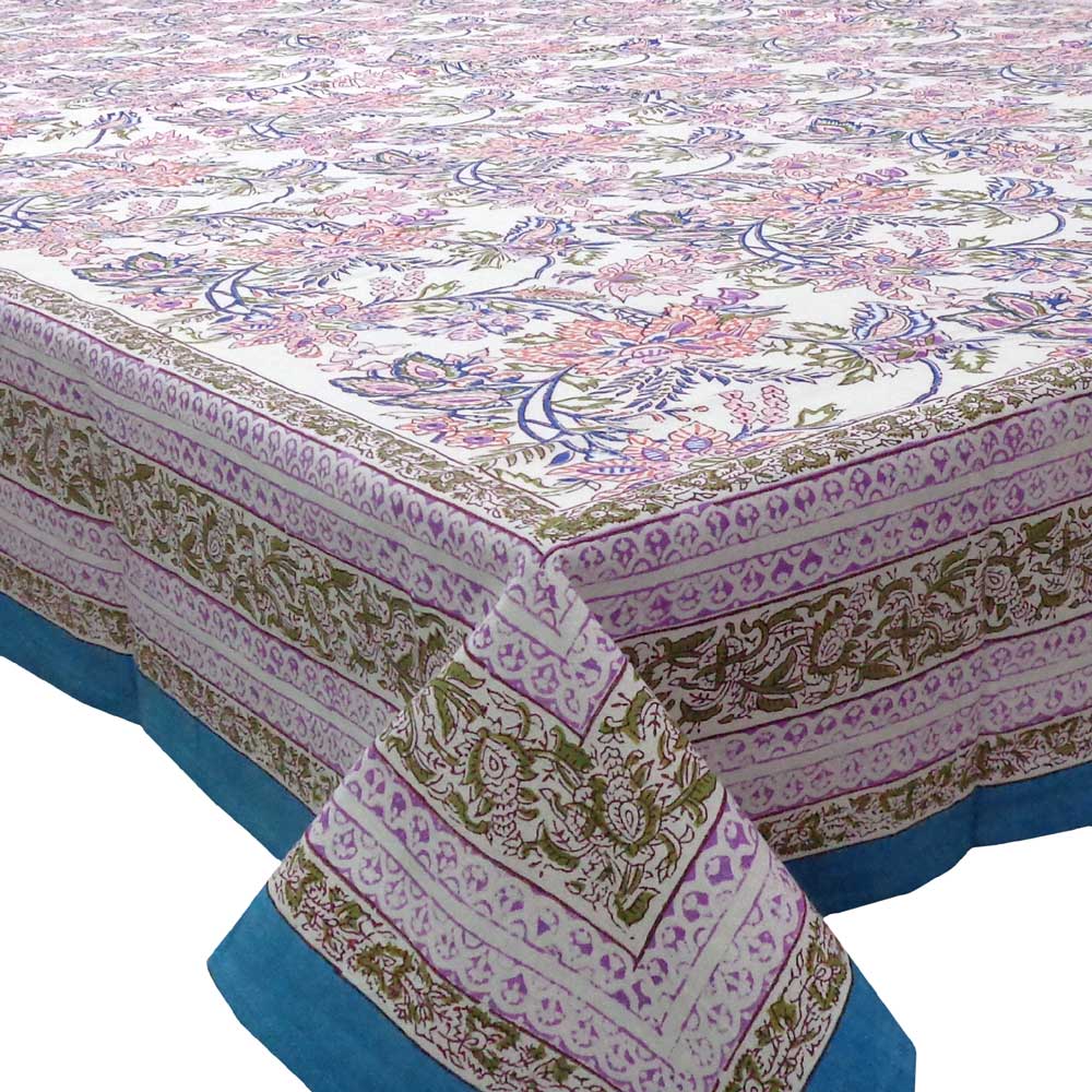 Hand Block Printed Cotton Tablecloth 150x220 cms Misty Blue Open 100979