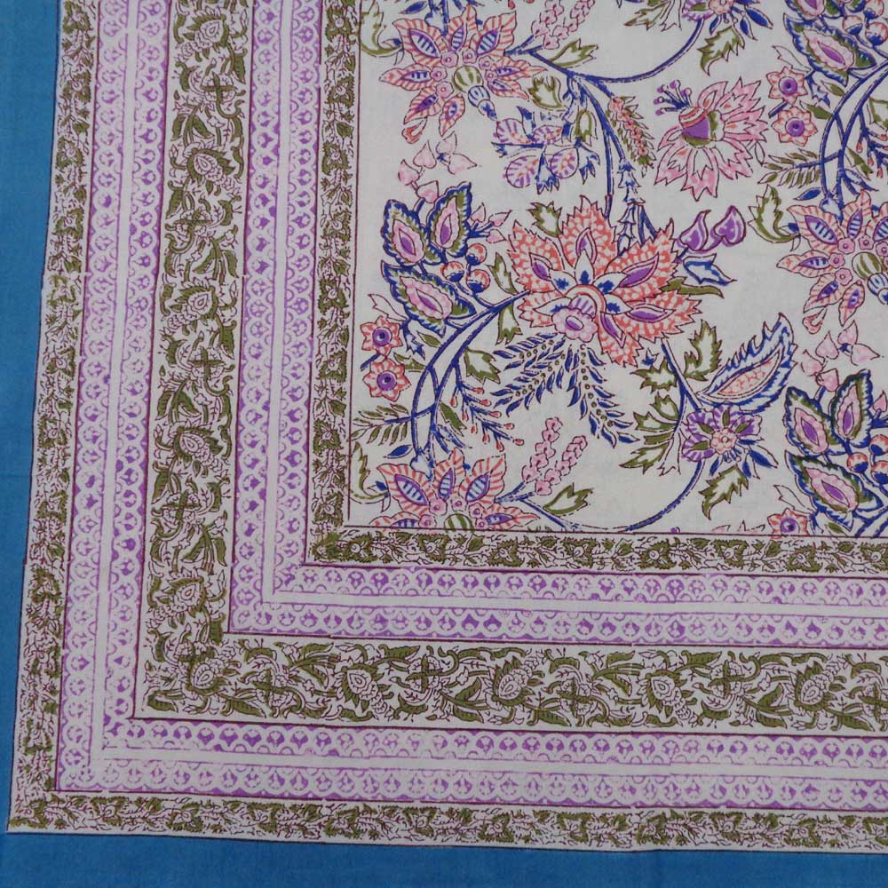 Hand Block Printed Cotton Tablecloth 150x220 cms Misty Blue Open 100979