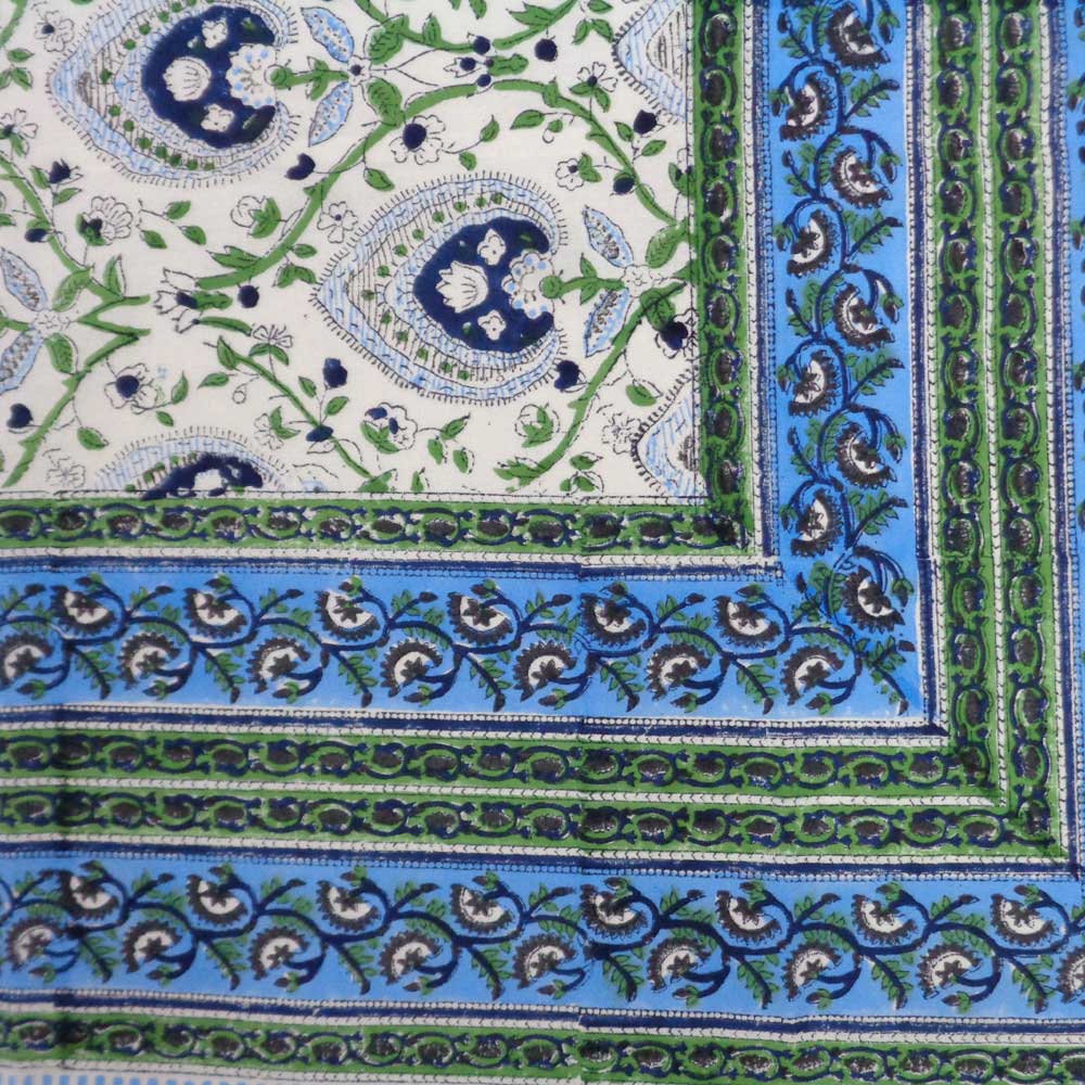 Hand Block Printed Cotton Tablecloth 150x220 cm Pan Leaf Blue 309622