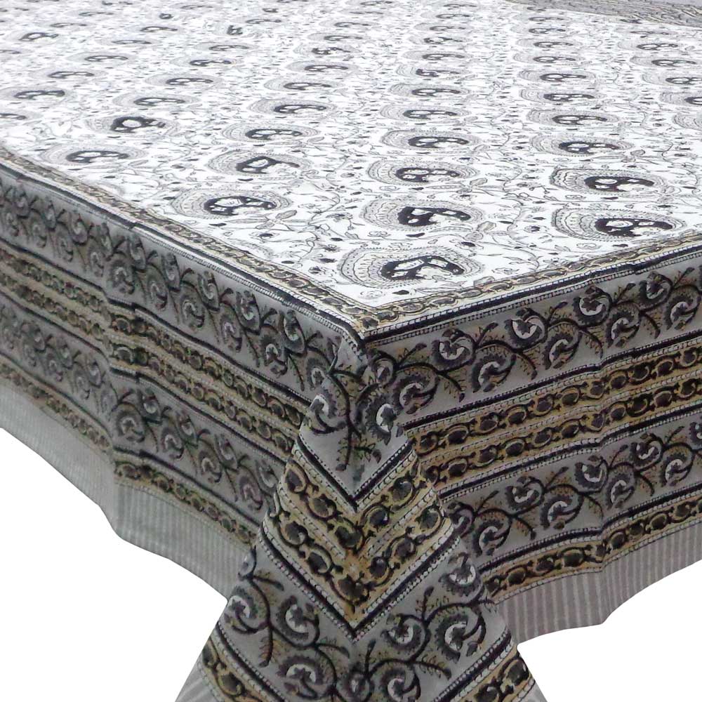 Hand Block Printed Cotton Tablecloth 150x220 cm Pan Leaf Dusk 100879