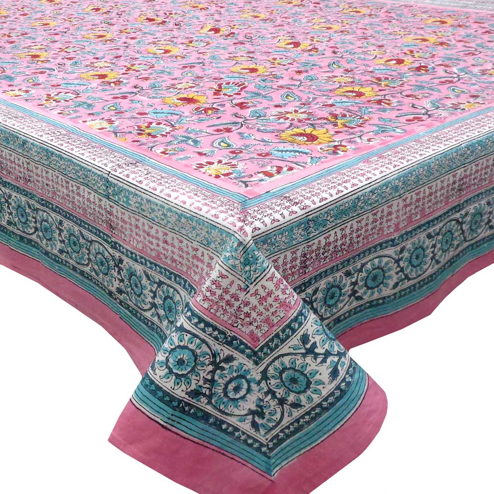 Hand Block Printed Cotton Tablecloth 150x220 cms Phuljhari Pink Gud 204756
