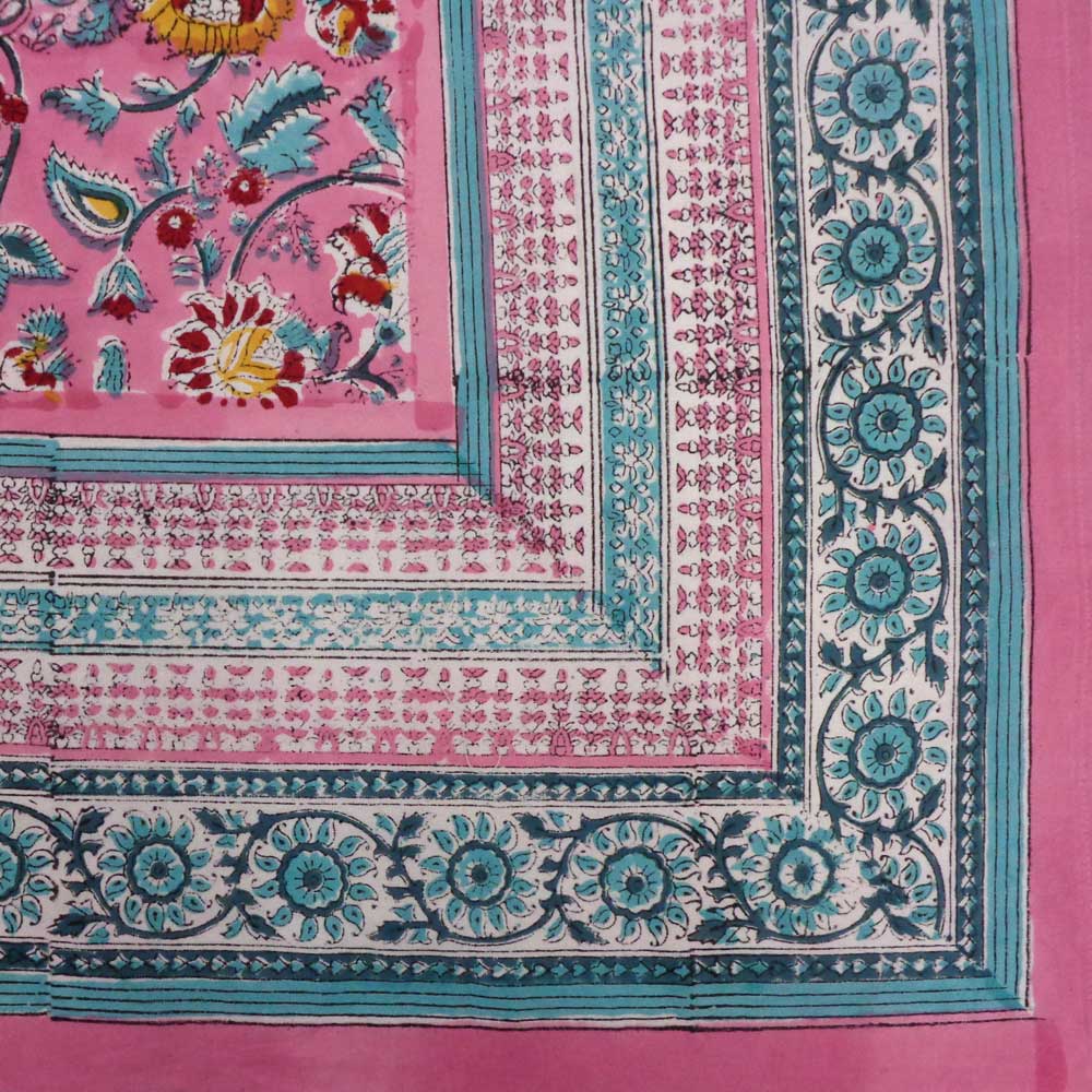 Hand Block Printed Cotton Tablecloth 150x220 cms Phuljhari Pink Gud 204756