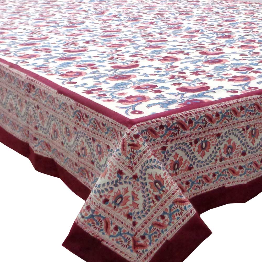 Hand Block Printed Cotton Tablecloth 150x220 cms Rukhsana Maroon Open 103616