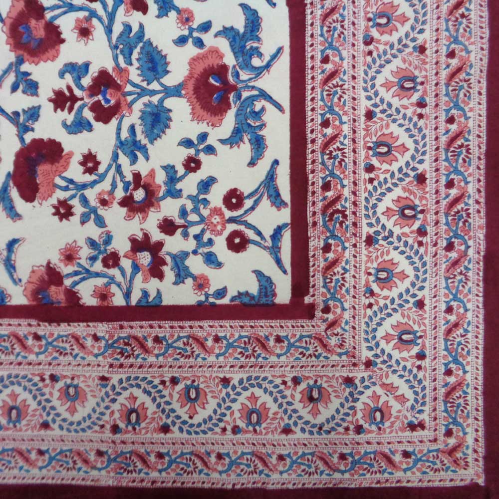 Hand Block Printed Cotton Tablecloth 150x220 cms Rukhsana Maroon Open 103616
