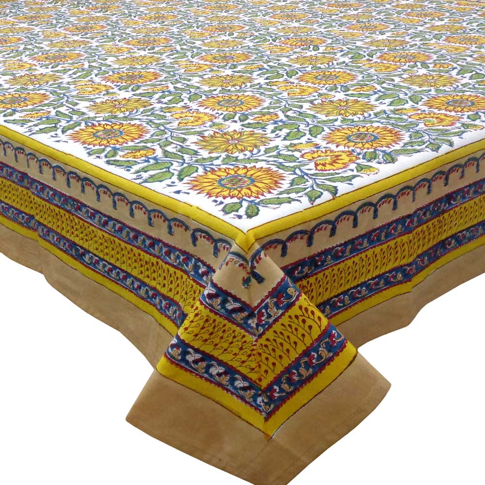 Hand Block Printed Cotton Tablecloth 180x270 Surajmukhi Canary Open 206589