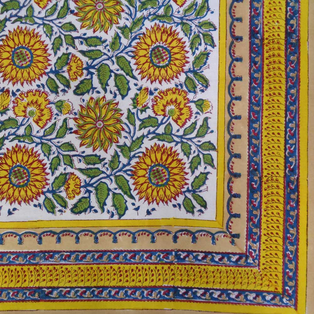 Hand Block Printed Cotton Tablecloth 150x220 cms Surajmukhi Canary Open 206589