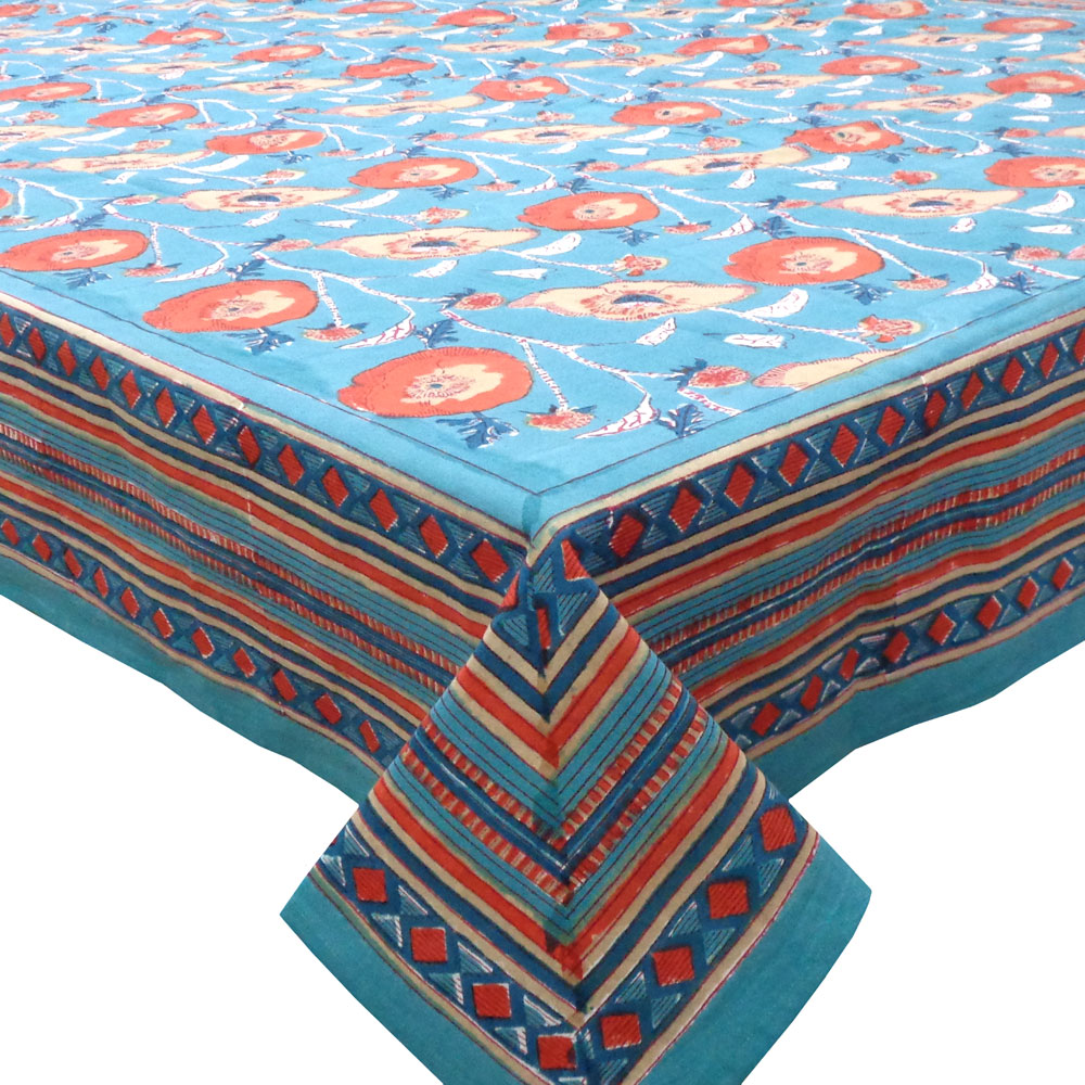 Hand Block Printed Cotton Tablecloth 180x270 cms Teal Flower Gud 109115