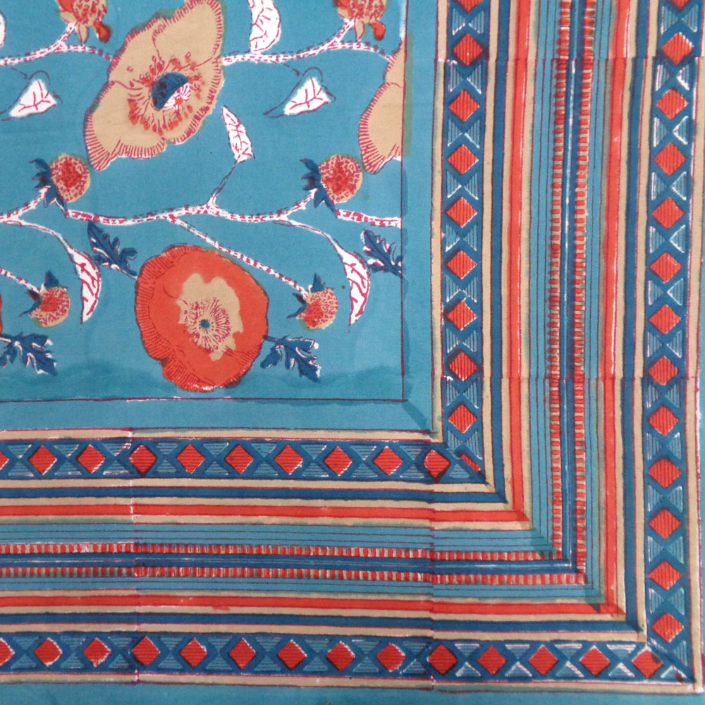 Hand Block Printed Cotton Tablecloth 150x220 cms Teal Flower Gud 109115