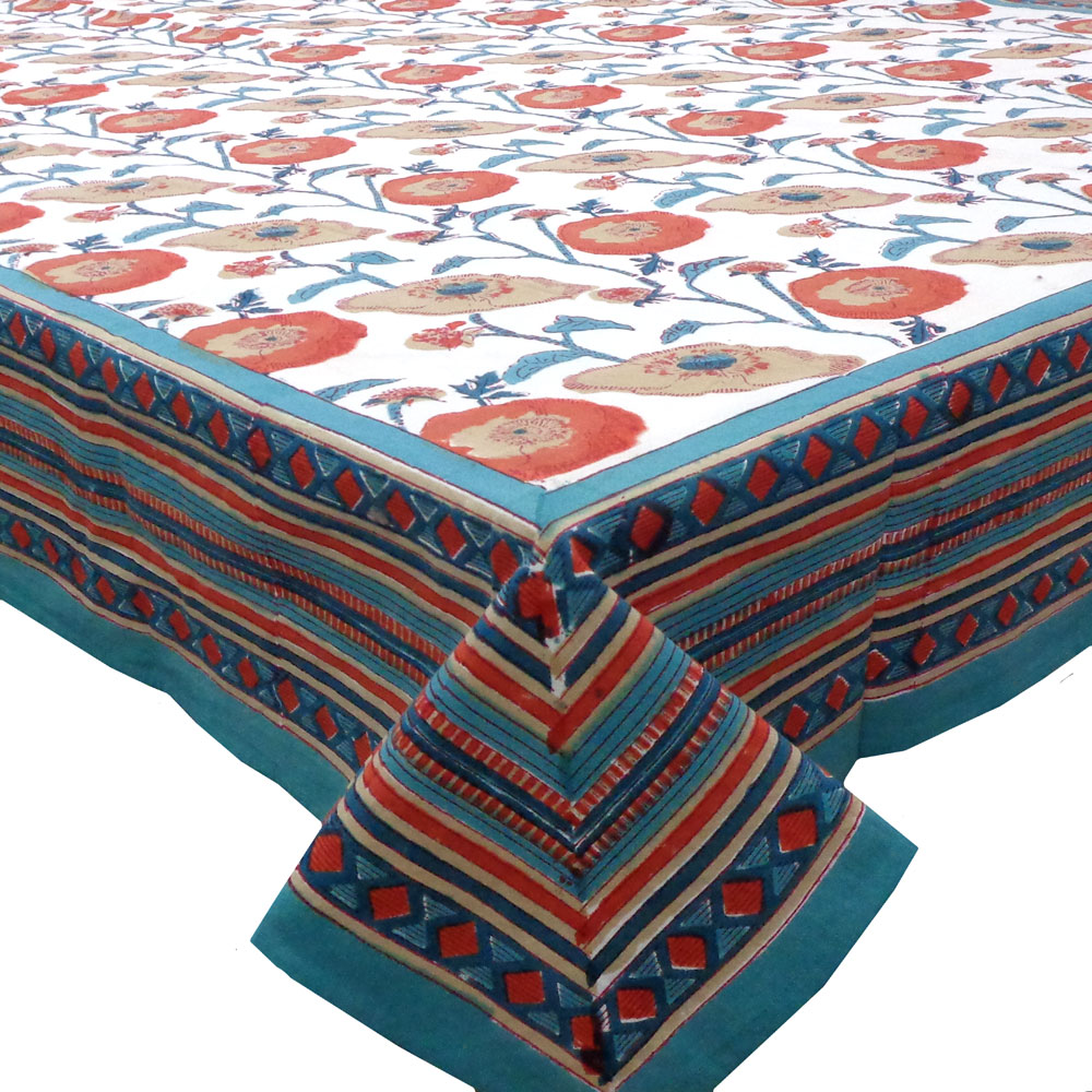 Tablecloth 12 seater in Cotton Hand Block Printed Cotton Tablecloth 180x340 cms Teal Flower Open 109977