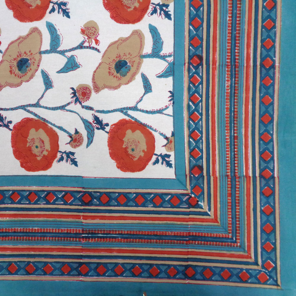 Tablecloth 12 seater in Cotton Hand Block Printed Cotton Tablecloth 180x340 cms Teal Flower Open 109977