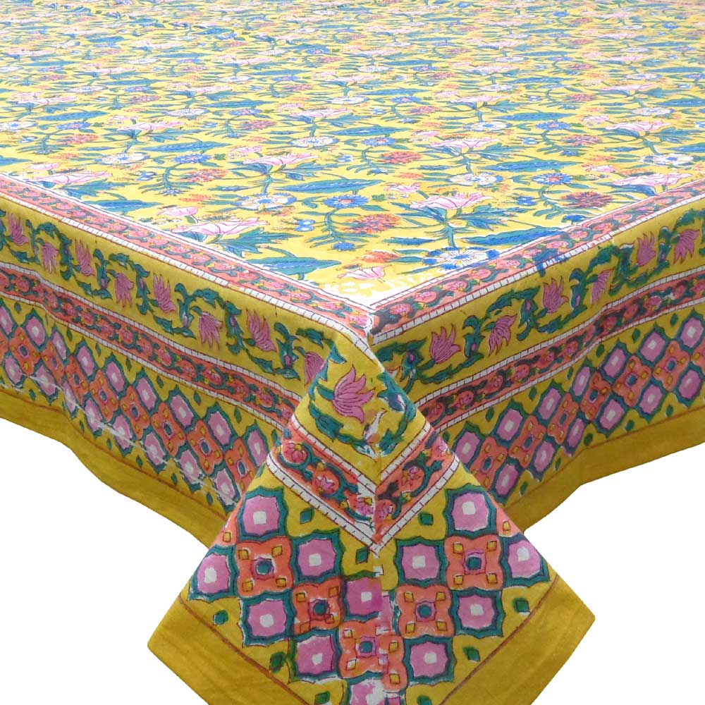 Hand Block Printed Cotton Tablecloth 150x220 cms  Wild Flower Canary Yellow 202201