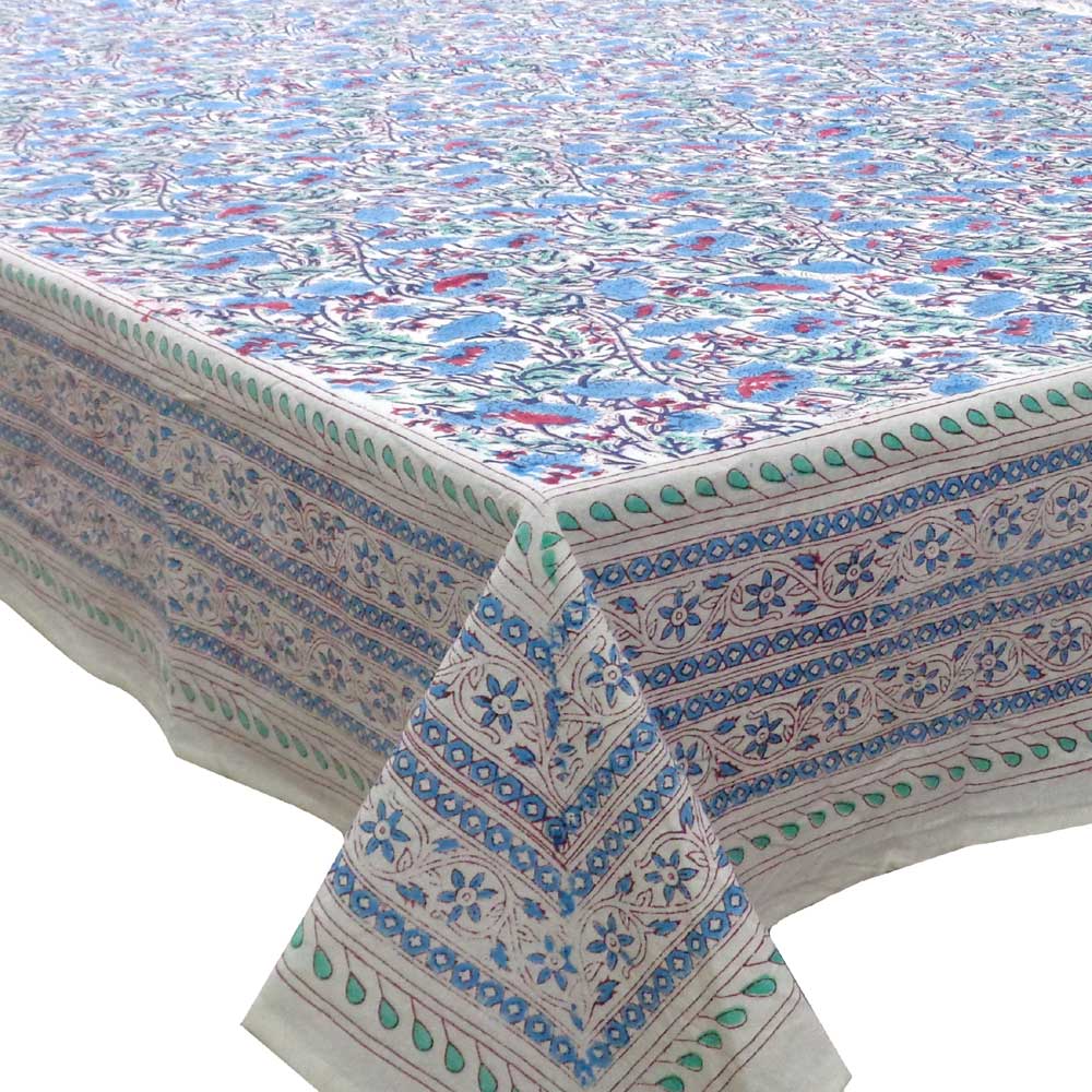 Square Tablecloth in Cotton Hand Block Printed Cotton Tablecloth 180x180 cms Bush Flower Blue Open 105199