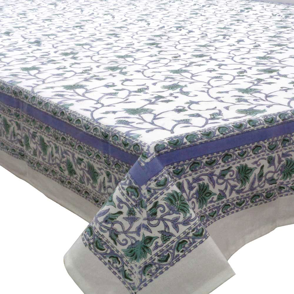 Square Tablecloth in Cotton Hand Block Printed Cotton Tablecloth 180x180 cms Floral Bale Blue 201452