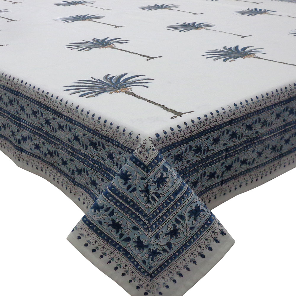 Square Tablecloth in Cotton Hand Block Printed Cotton Tablecloth 220x220 cms  Palm Tree Blue 109022