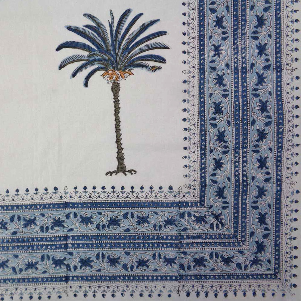 Square Tablecloth in Cotton Hand Block Printed Cotton Tablecloth 220x220 cms  Palm Tree Blue 109022