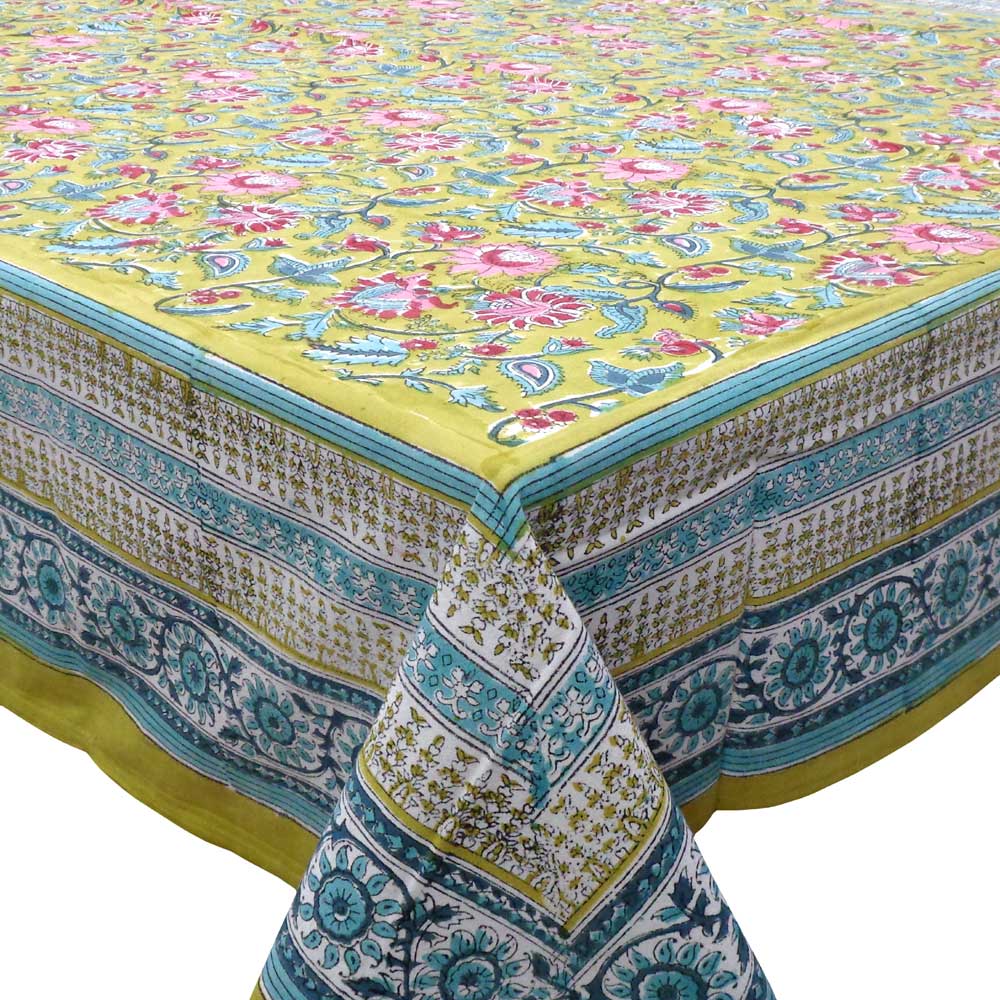 Square Tablecloth in Cotton Hand Block Printed Cotton Tablecloth 180x180 cms Phuljhari Olive Gud 103487