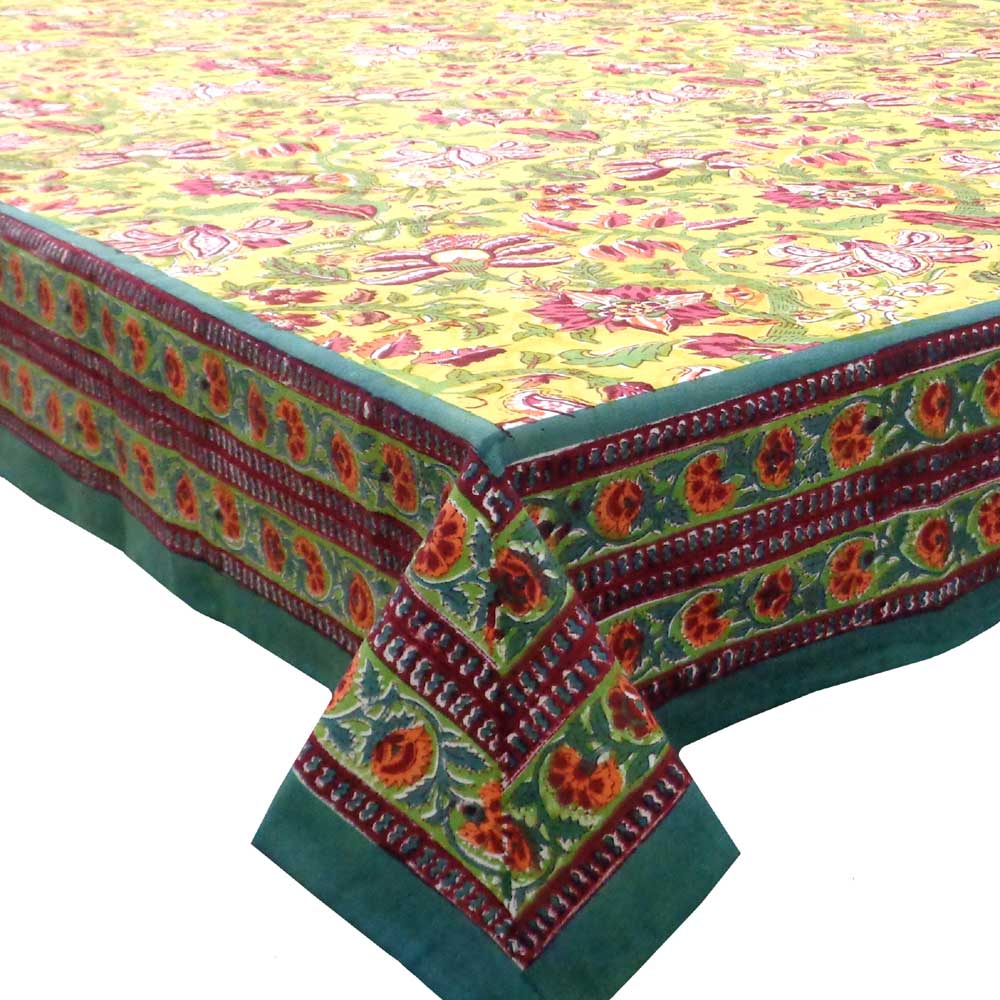 Square Tablecloth in Cotton Hand Block Printed Cotton Tablecloth 150x150 cms Anarkali Lime Gud 102365