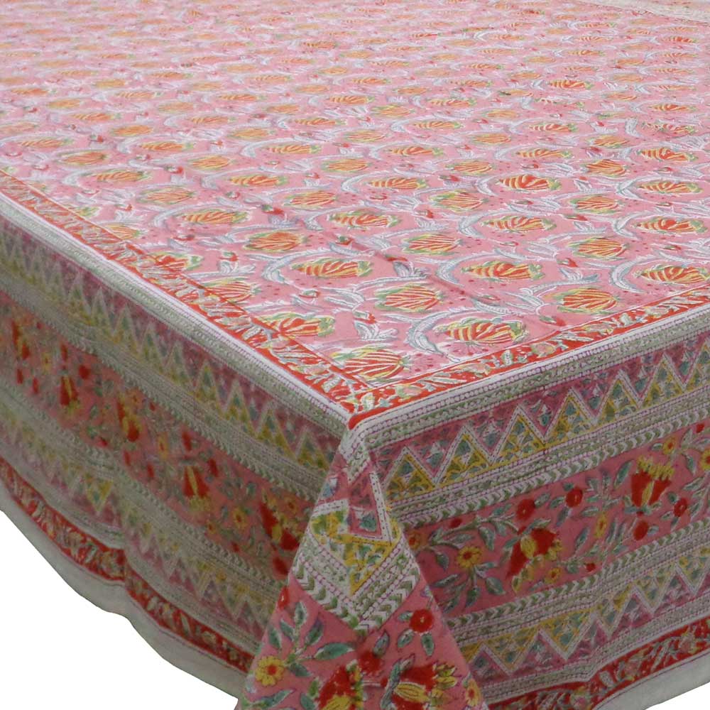 Hand Block Printed Cotton Tablecloth 180x270 Frost Pink Floral Gud 108573