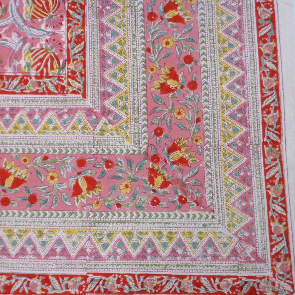 Hand Block Printed Cotton Tablecloth 180x270 Frost Pink Floral Gud 108573